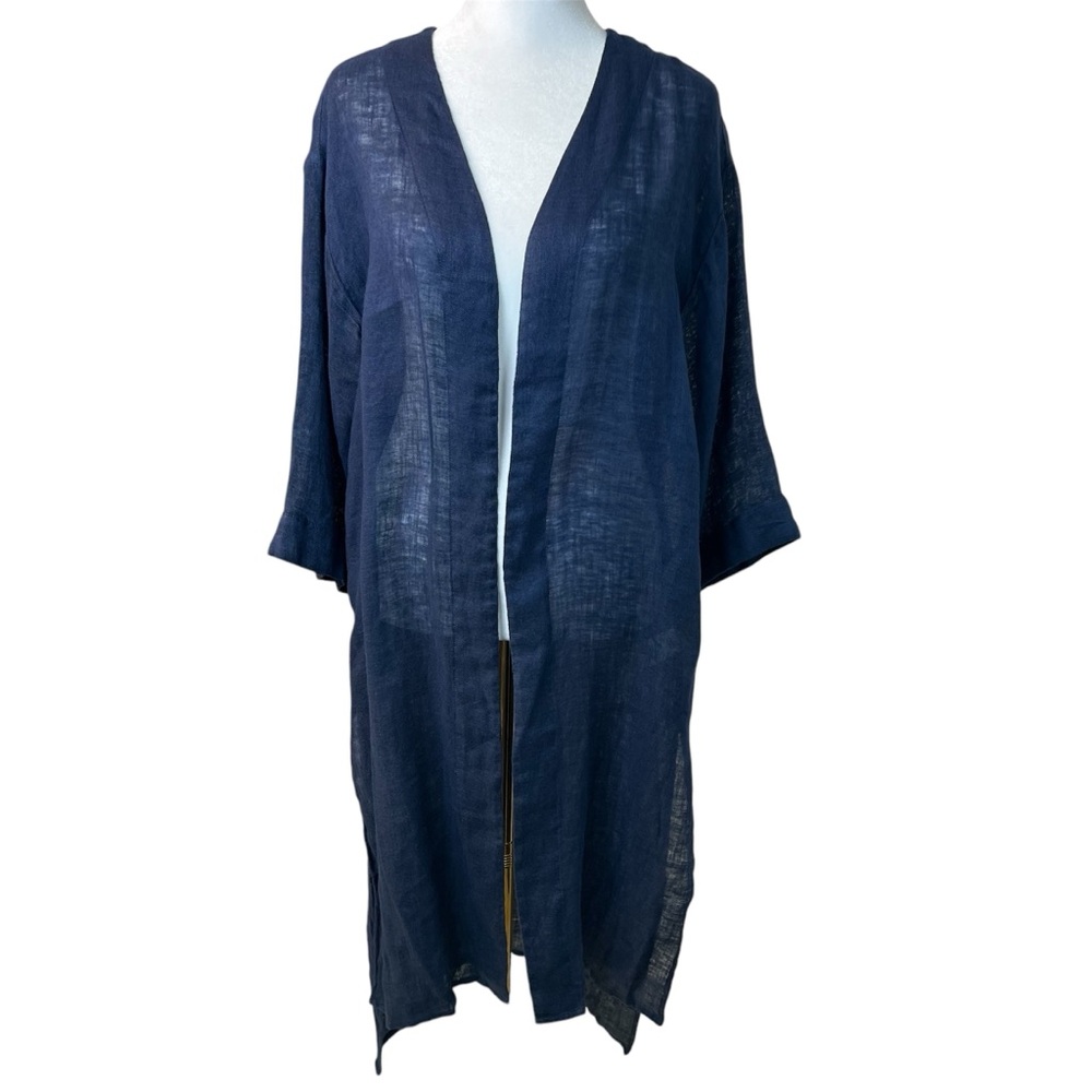 Soft Surroundings 100% Linen Blue Open Front Cardigan Duster Semi Sheer Size XS